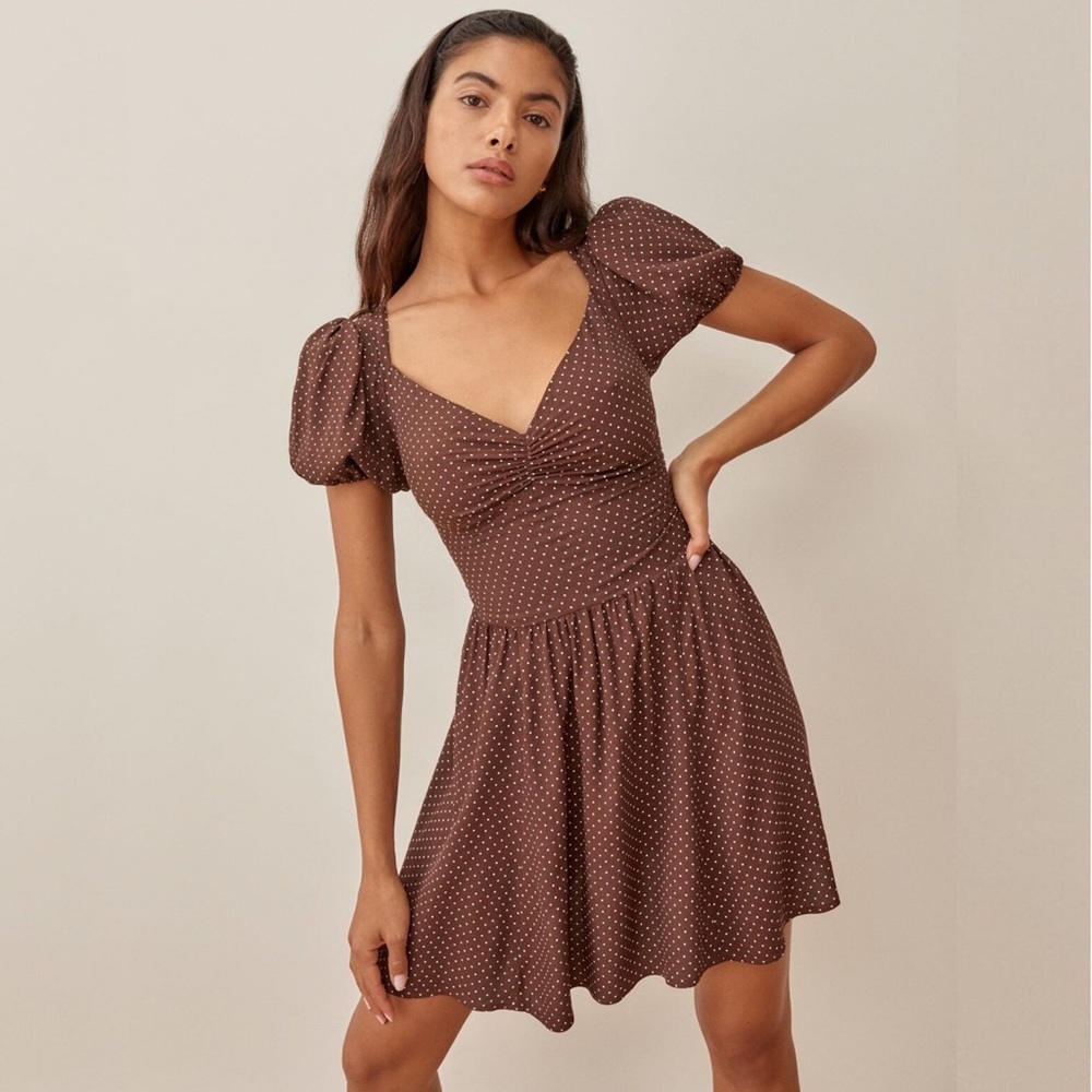 NWT Reformation Ojai Brown Polka Dot Puff Sleeve Mini Dress Truffle Size 2 Boho